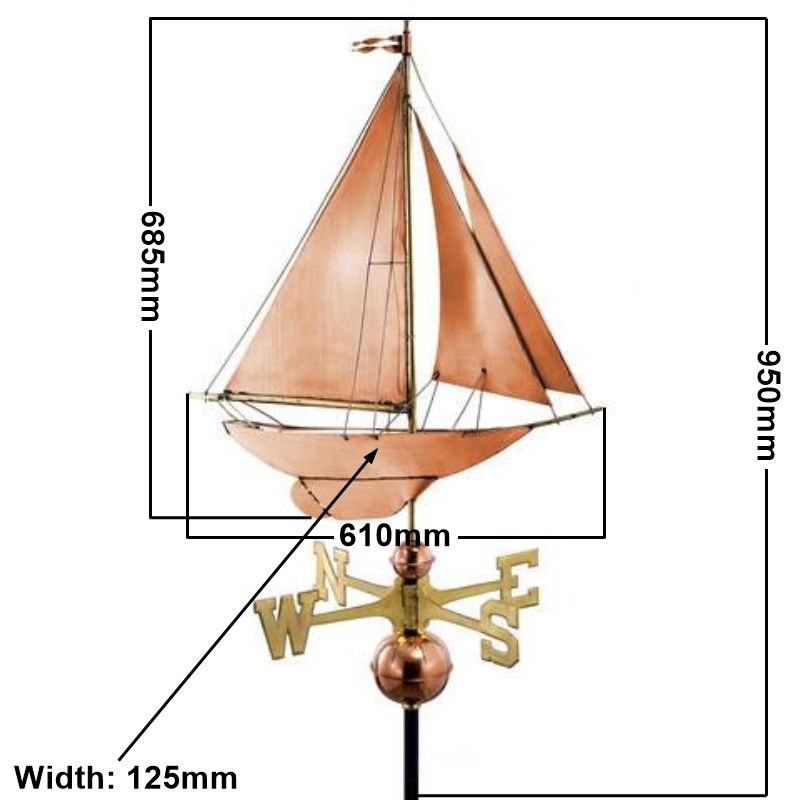 Copper racing yacht weathervane (Large) measurements