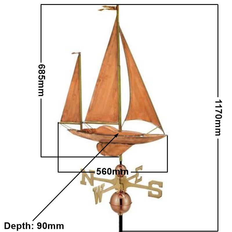 Copper sail boat weathervane (Large) measurements